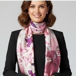 Talbots 100% Silk Scarf Pink Purple Butterfly Print Womens Square Neck Head